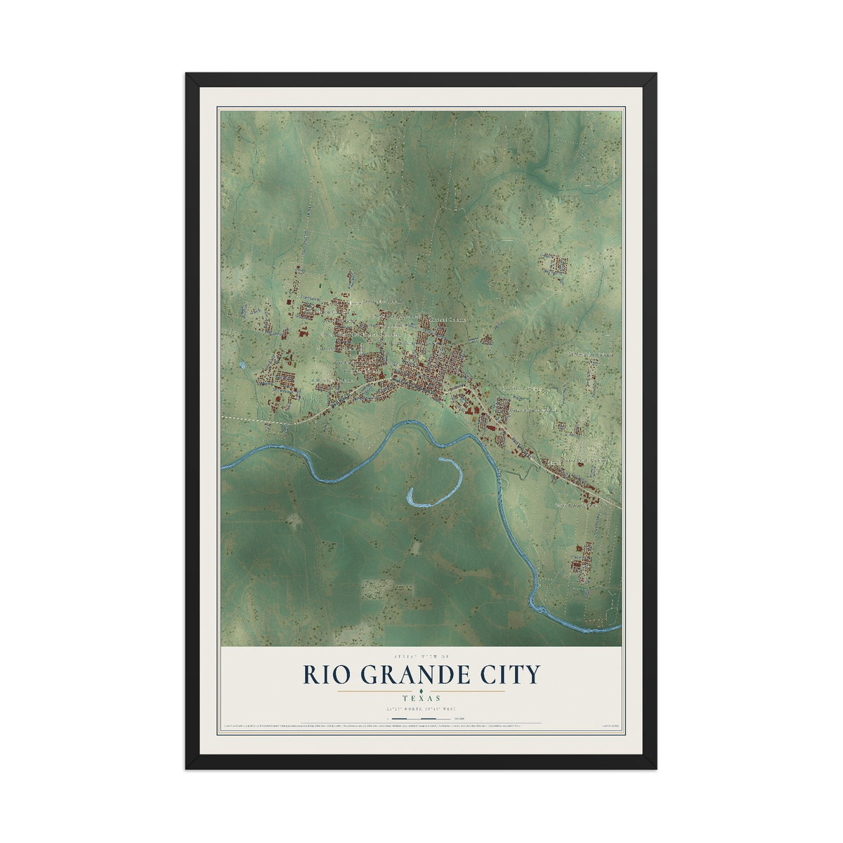 Map of Rio Grande City, Texas, 12 x 18 inch print in a black wood frame