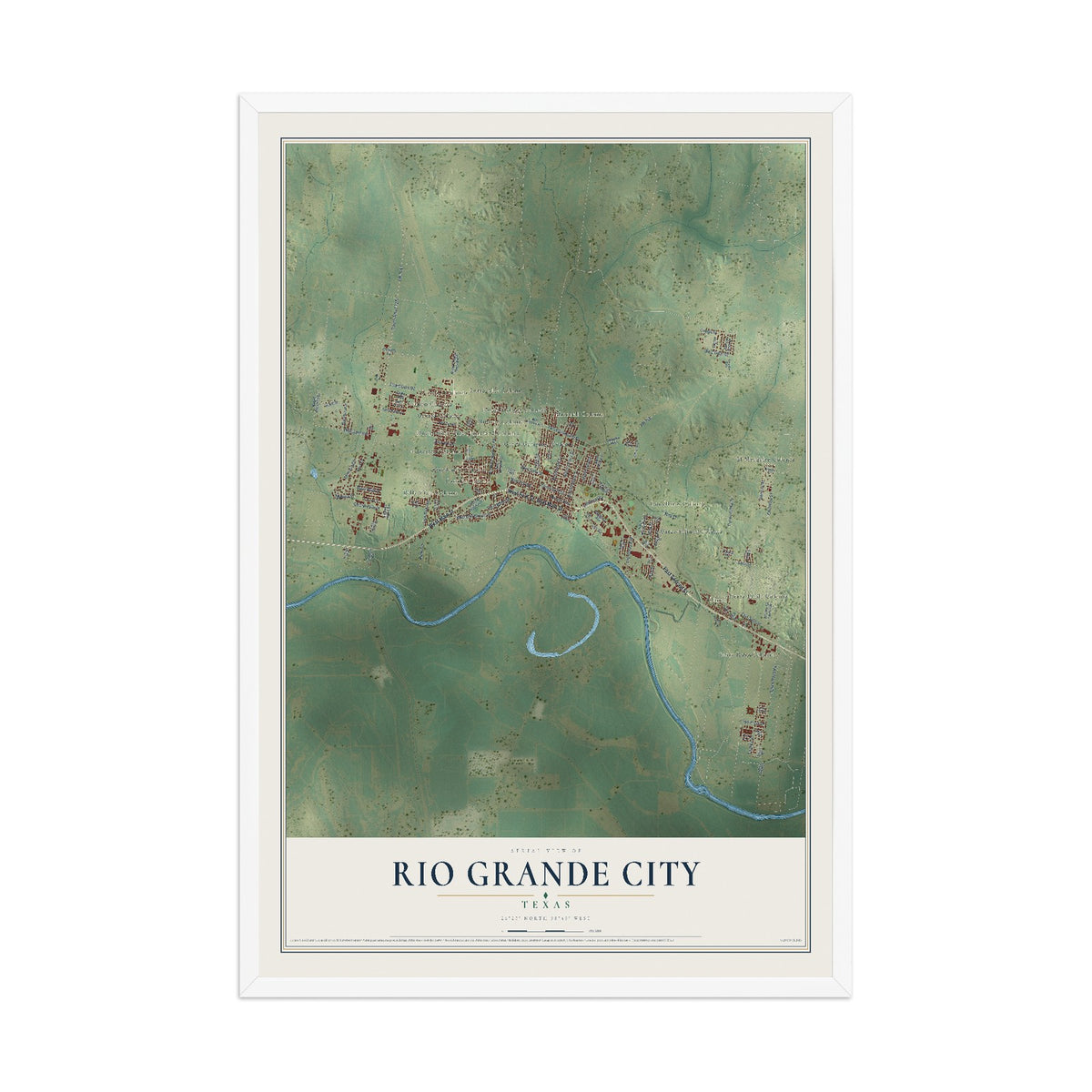 Map of Rio Grande City, Texas, 12 x 18 inch print in a white wood frame