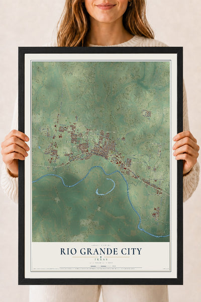 Map of Rio Grande City, Texas, 18 x 24 inch print in a black wood frame