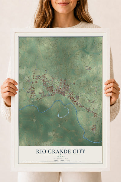 Map of Rio Grande City, Texas, 18 x 24 inch print in a white wood frame