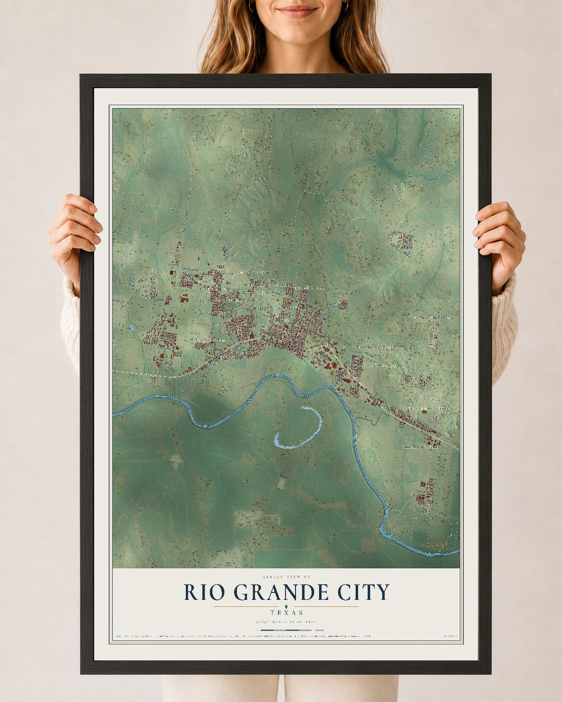 Map of Rio Grande City, Texas, 24 x 36 inch print in a black wood frame