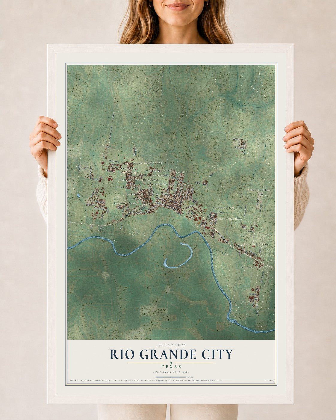 Map of Rio Grande City, Texas, 24 x 36 inch print in a white wood frame