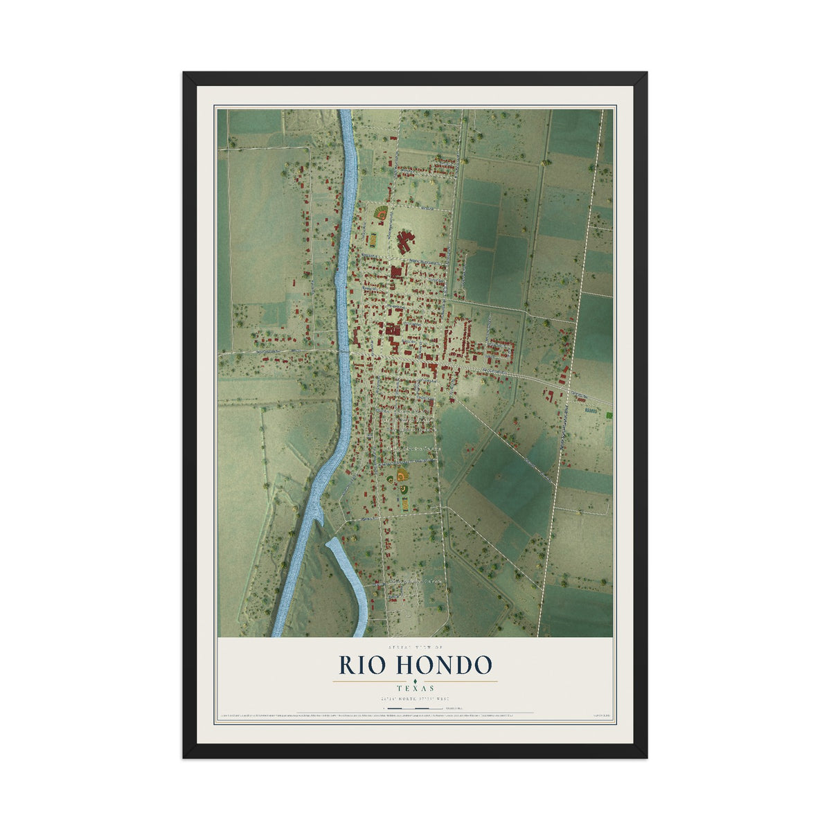 Map of Rio Hondo, Texas, 12 x 18 inch print in a black wood frame