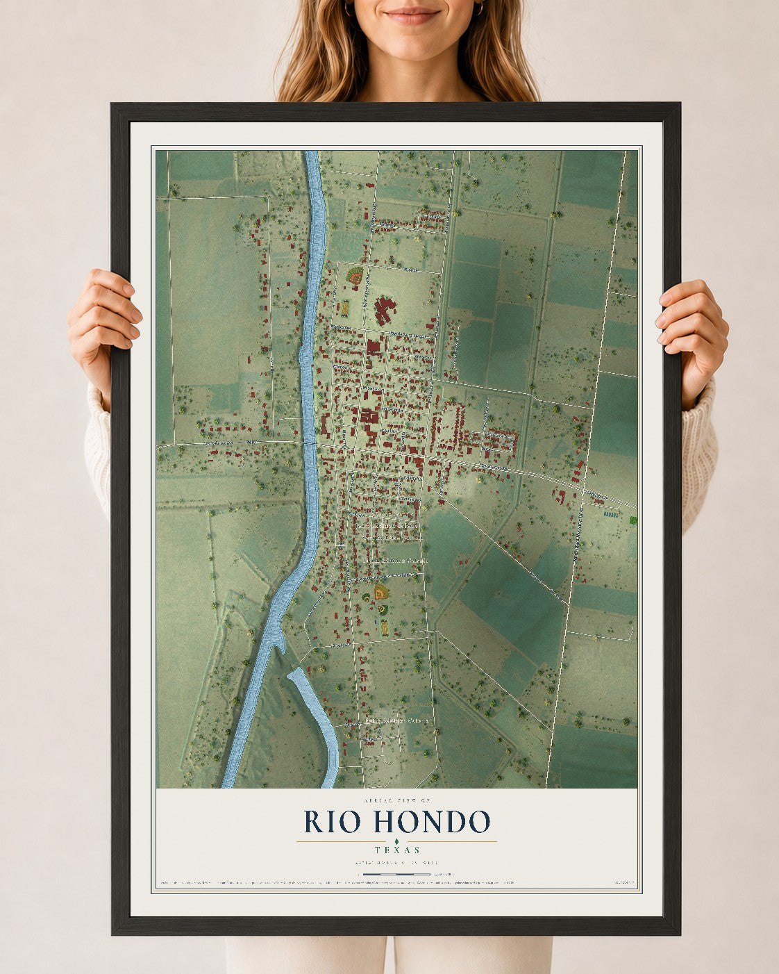 Map of Rio Hondo, Texas, 24 x 36 inch print in a black wood frame
