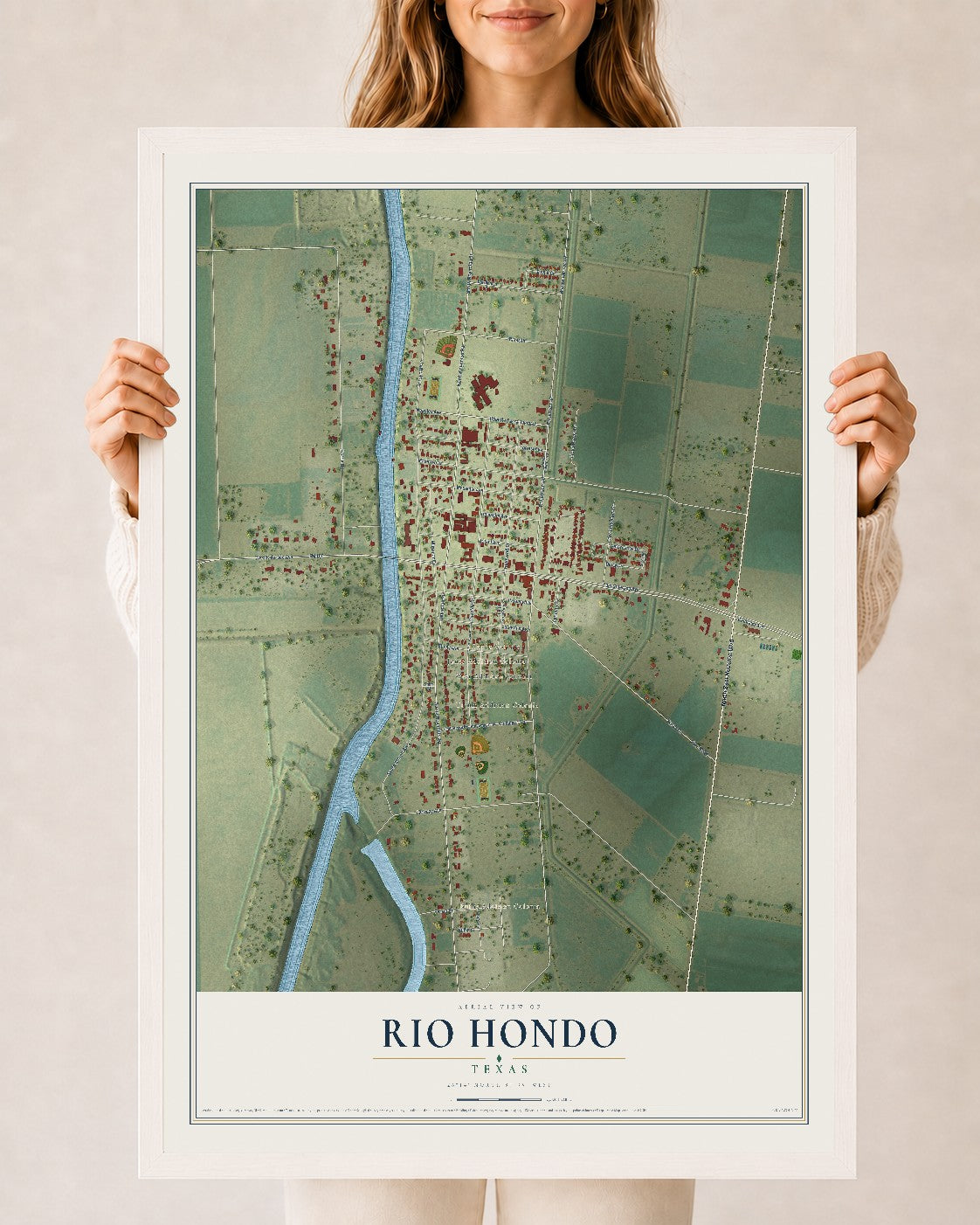 Map of Rio Hondo, Texas, 24 x 36 inch print in a white wood frame