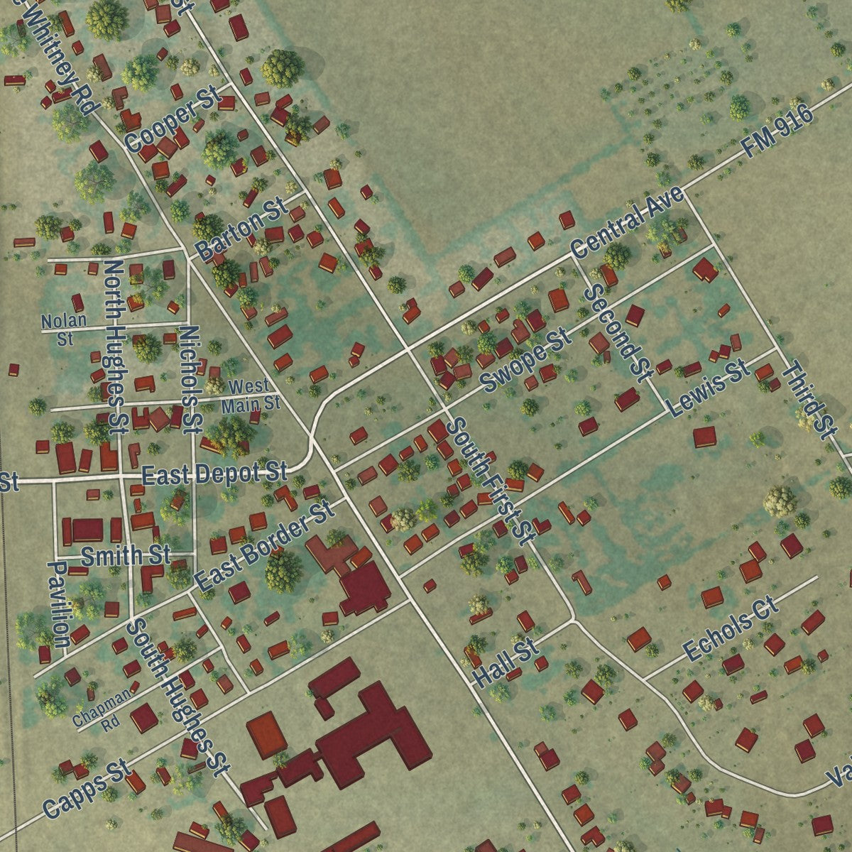 Close-up of the map of Rio Vista, Texas print showing street and building detail
