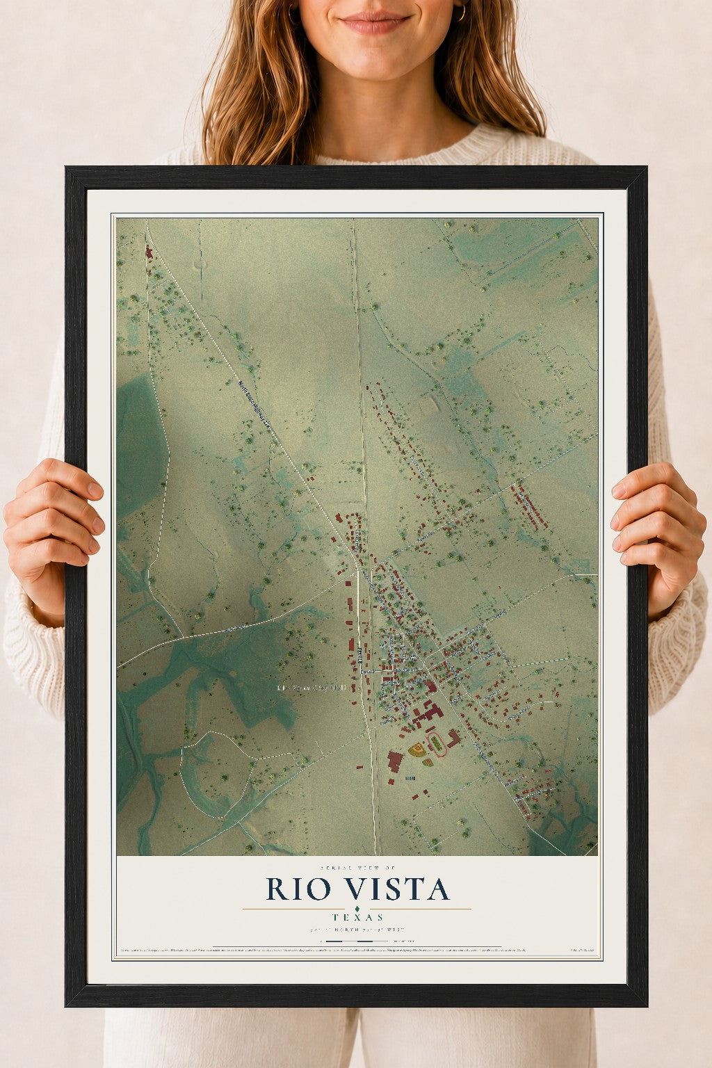 Map of Rio Vista, Texas, 18 x 24 inch print in a black wood frame