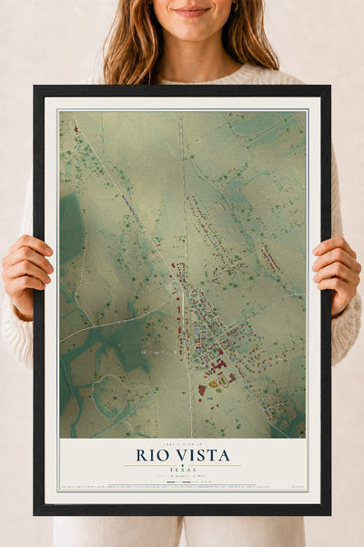 Map of Rio Vista, Texas, 18 x 24 inch print in a black wood frame