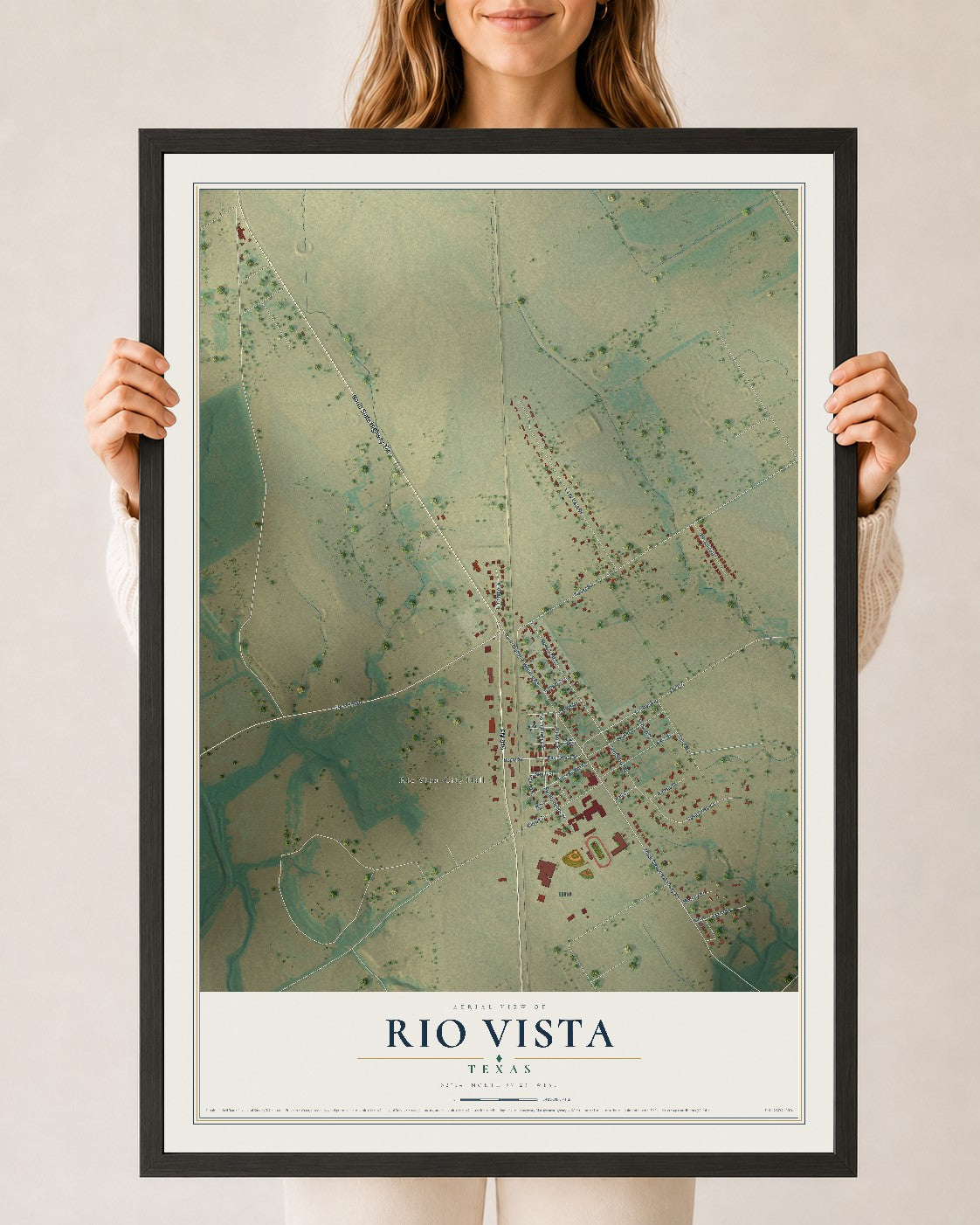 Map of Rio Vista, Texas, 24 x 36 inch print in a black wood frame