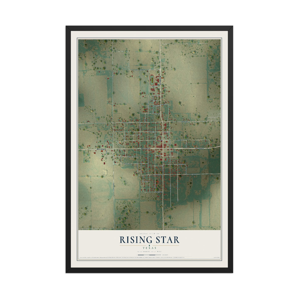 Map of Rising Star, Texas, 12 x 18 inch print in a black wood frame