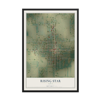 Map of Rising Star, Texas, 12 x 18 inch print in a black wood frame