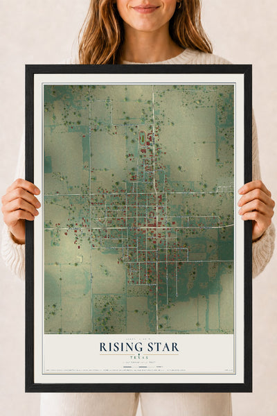 Map of Rising Star, Texas, 18 x 24 inch print in a black wood frame