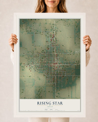 Map of Rising Star, Texas, 24 x 36 inch print in a white wood frame