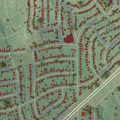 Close-up of the map of River Oaks, Texas print showing street and building detail