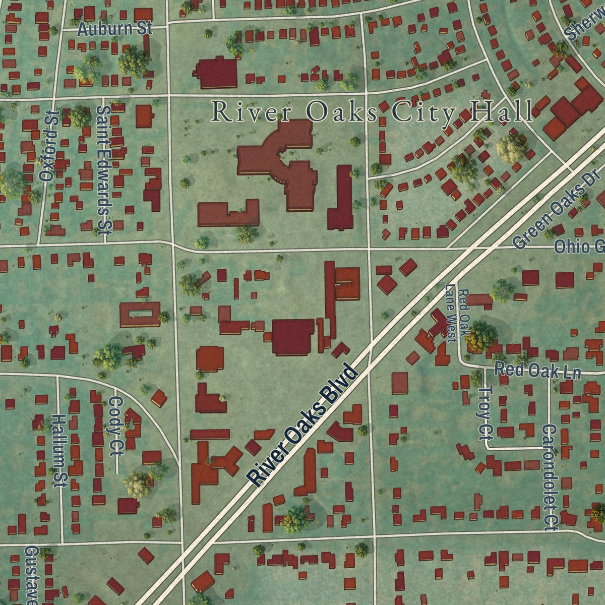 Second close-up of the map of River Oaks, Texas print showing more streets and buildings