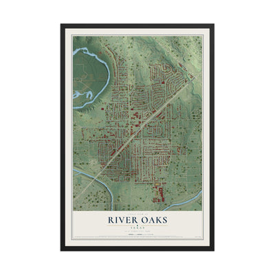Map of River Oaks, Texas, 12 x 18 inch print in a black wood frame