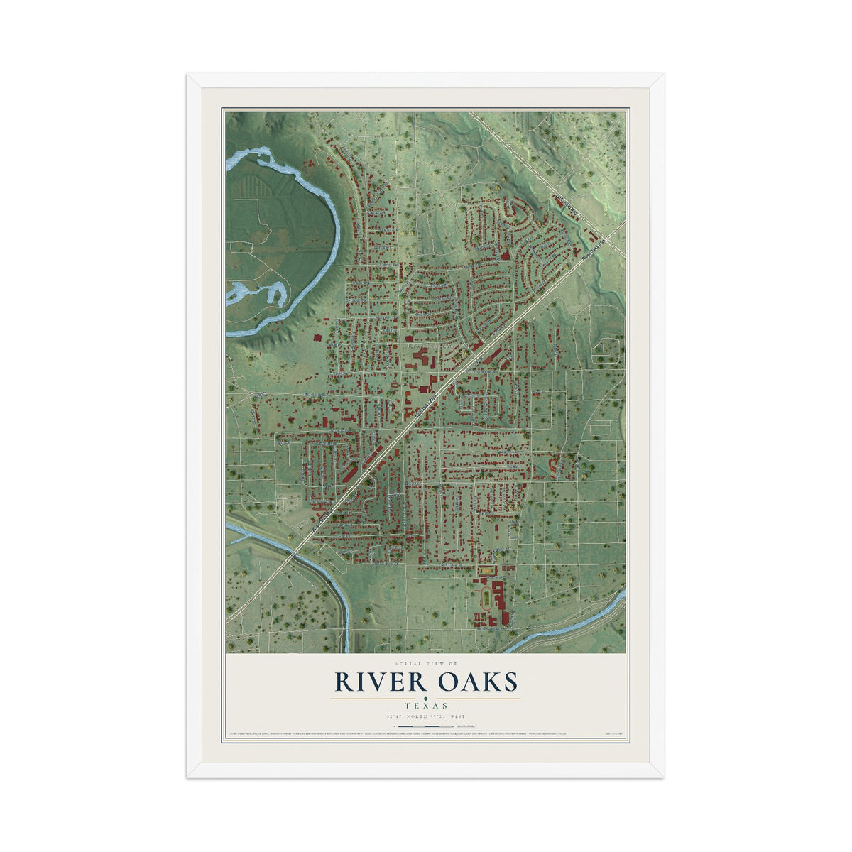 Map of River Oaks, Texas, 12 x 18 inch print in a white wood frame