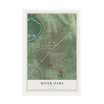 Map of River Oaks, Texas, 12 x 18 inch print in a white wood frame