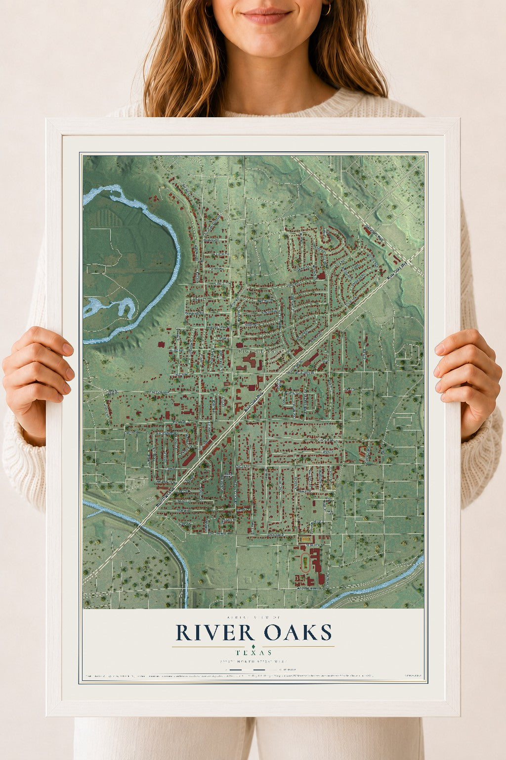 Map of River Oaks, Texas, 18 x 24 inch print in a white wood frame