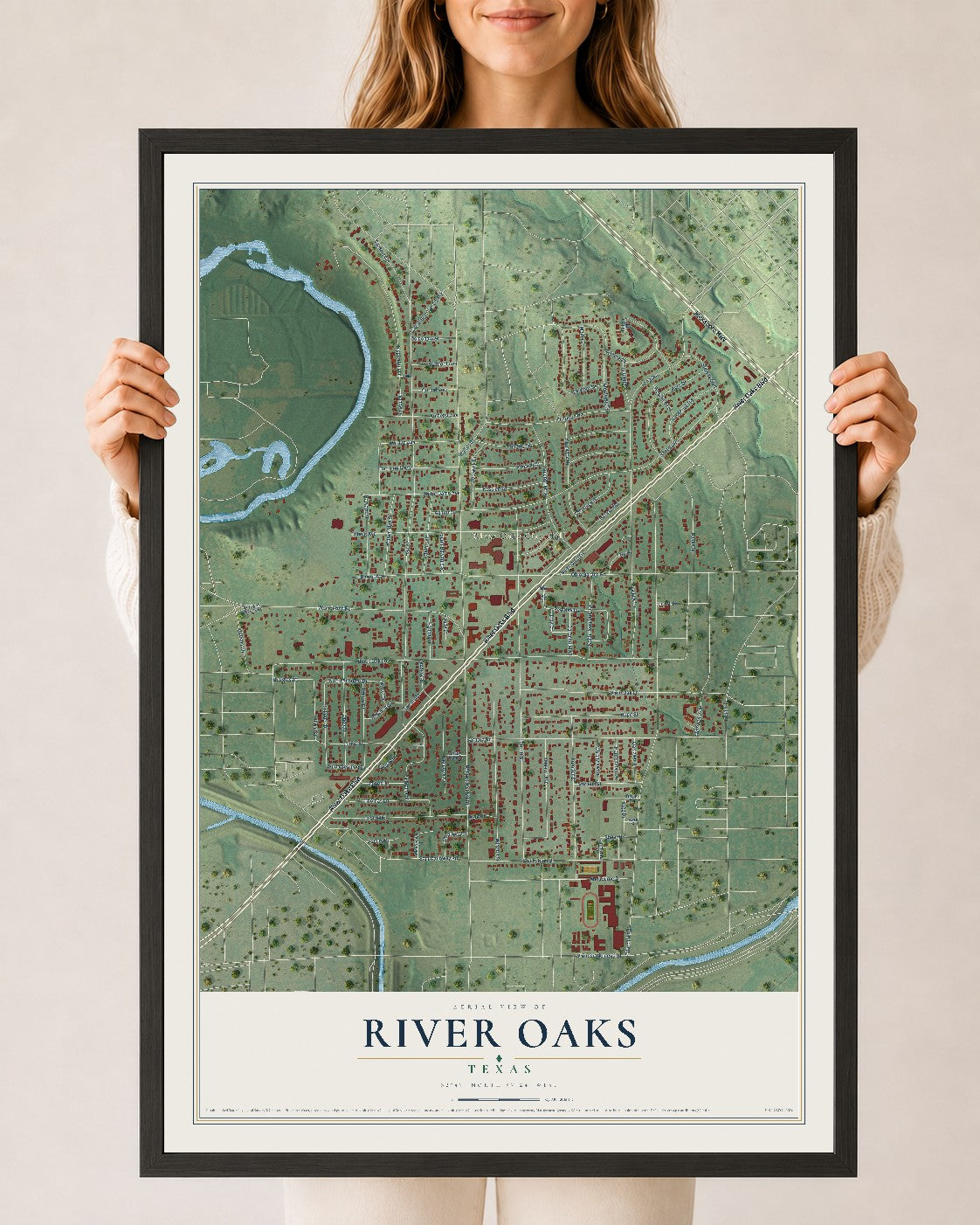 Map of River Oaks, Texas, 24 x 36 inch print in a black wood frame