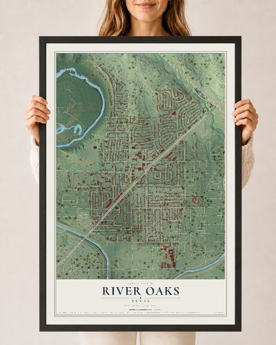 Map of River Oaks, Texas, 24 x 36 inch print in a black wood frame