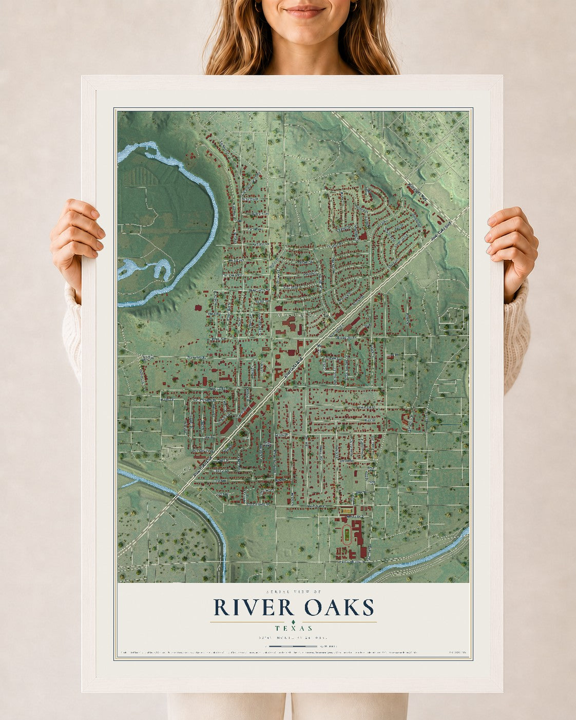 Map of River Oaks, Texas, 24 x 36 inch print in a white wood frame