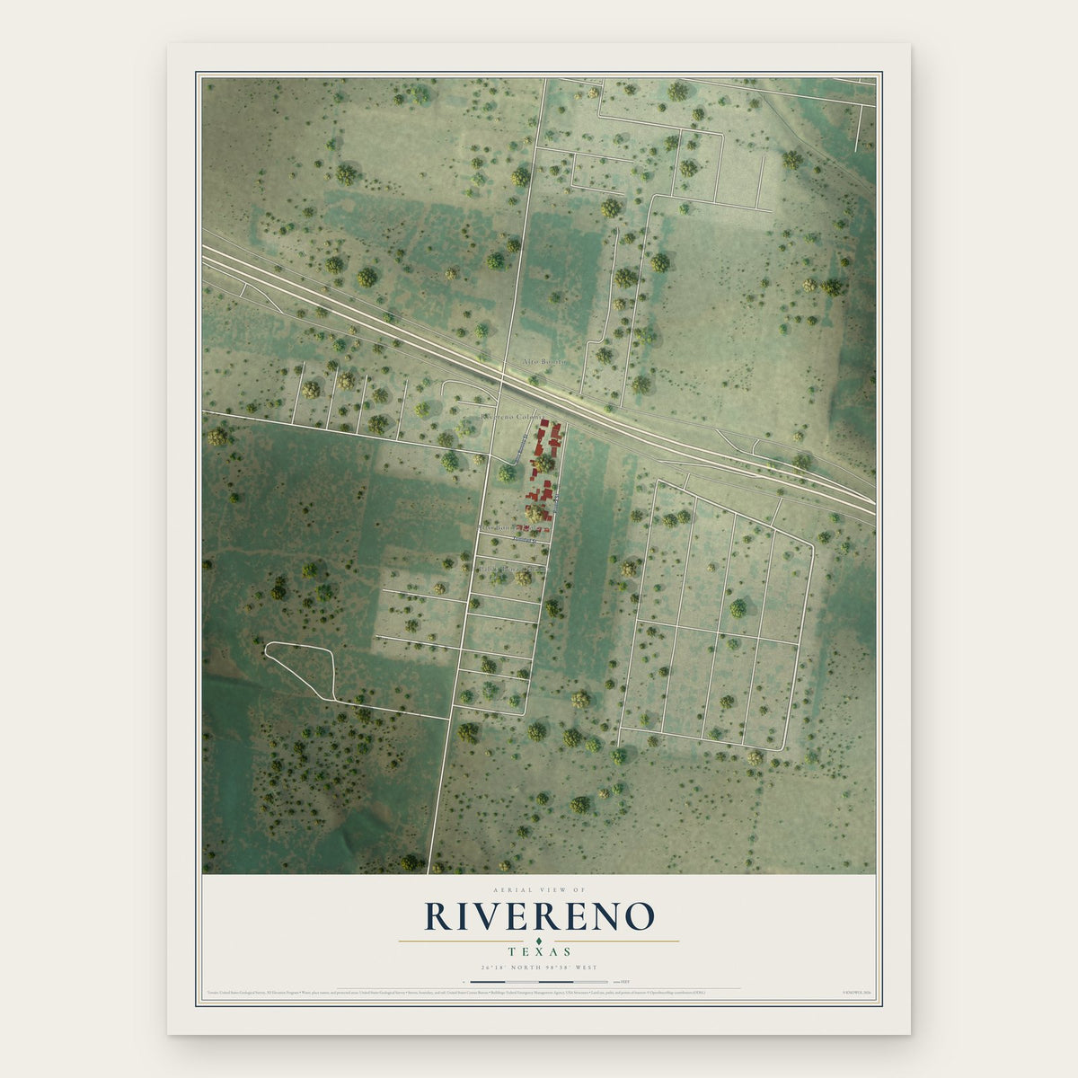 Rivereno, Texas map print, the full design