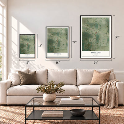 Rivereno, Texas map in 12 x 18, 18 x 24 and 24 x 36 inch sizes above a sofa