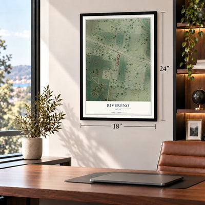 Rivereno, Texas map, 18 x 24 inch print in a black frame in a home office
