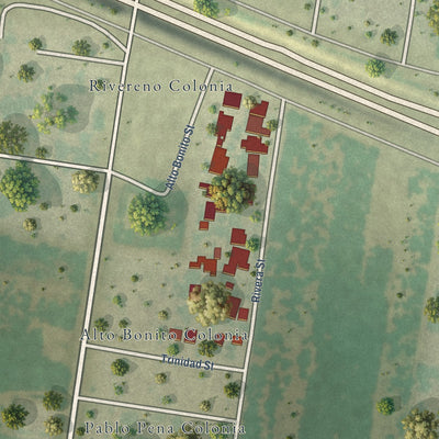 Close-up of the map of Rivereno, Texas print showing street and building detail