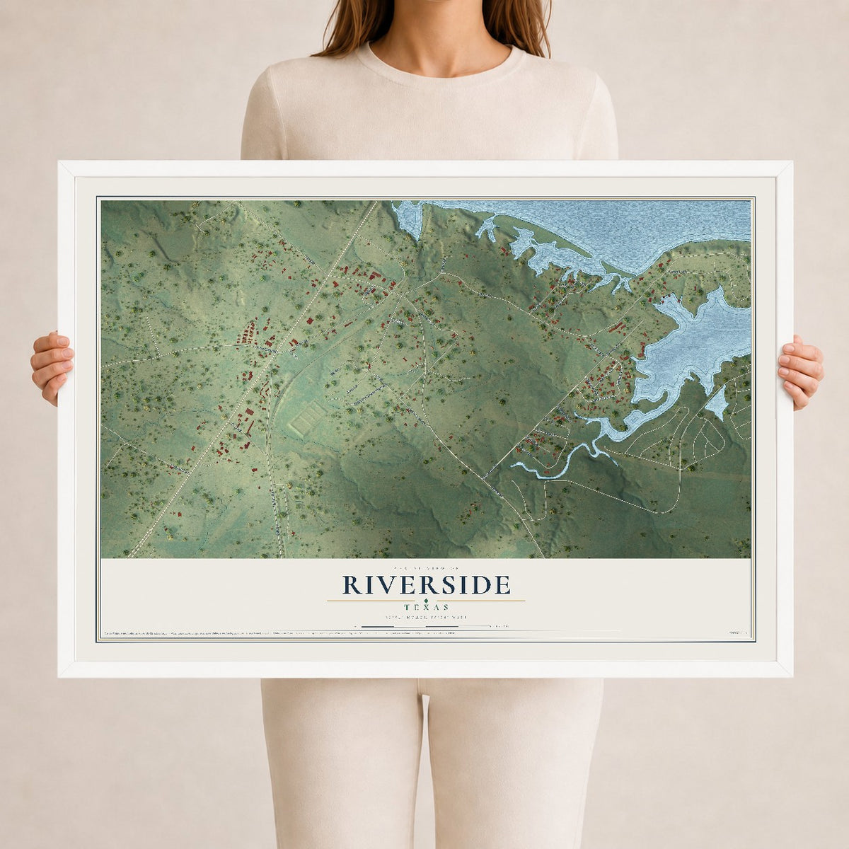 Map of Riverside, Texas, 24 x 36 inch print in a white wood frame