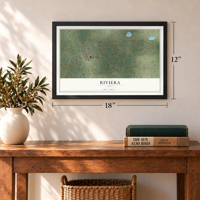 Riviera, Texas map, 12 x 18 inch print in a black frame in an entryway