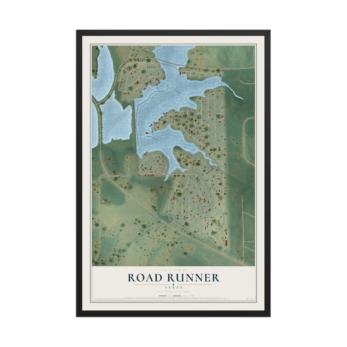 Map of Road Runner, Texas, 12 x 18 inch print in a black wood frame