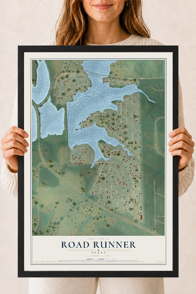 Map of Road Runner, Texas, 18 x 24 inch print in a black wood frame