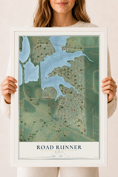 Map of Road Runner, Texas, 18 x 24 inch print in a white wood frame