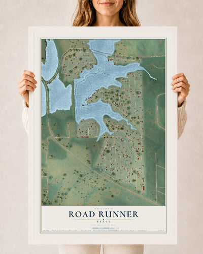 Map of Road Runner, Texas, 24 x 36 inch print in a white wood frame