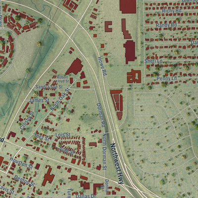Close-up of the map of Roanoke, Texas print showing street and building detail
