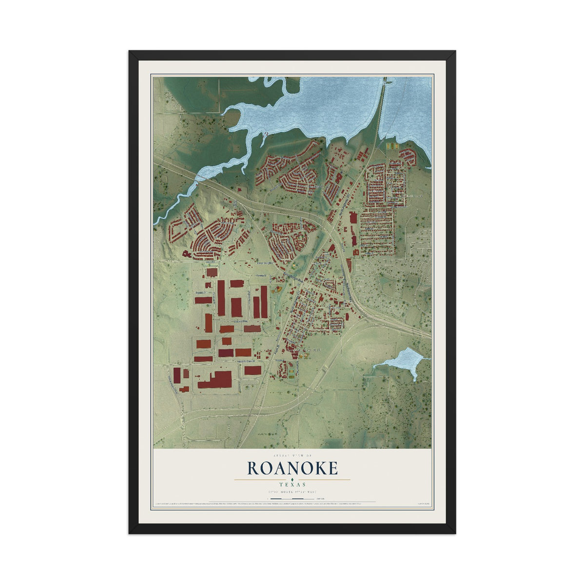 Map of Roanoke, Texas, 12 x 18 inch print in a black wood frame