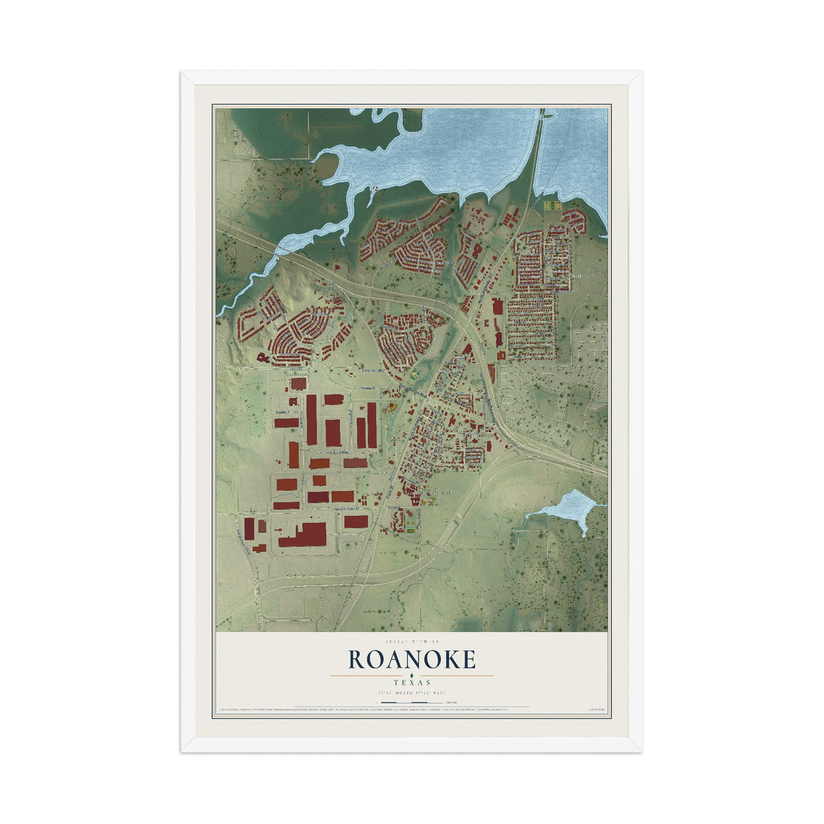 Map of Roanoke, Texas, 12 x 18 inch print in a white wood frame