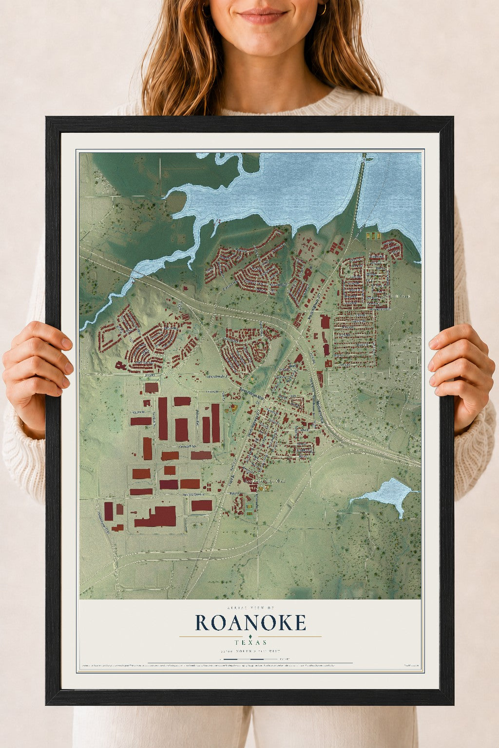 Map of Roanoke, Texas, 18 x 24 inch print in a black wood frame
