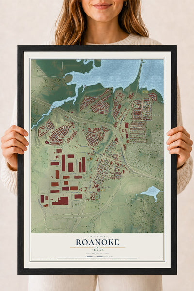 Map of Roanoke, Texas, 18 x 24 inch print in a black wood frame