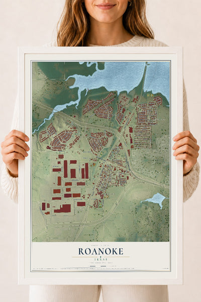 Map of Roanoke, Texas, 18 x 24 inch print in a white wood frame