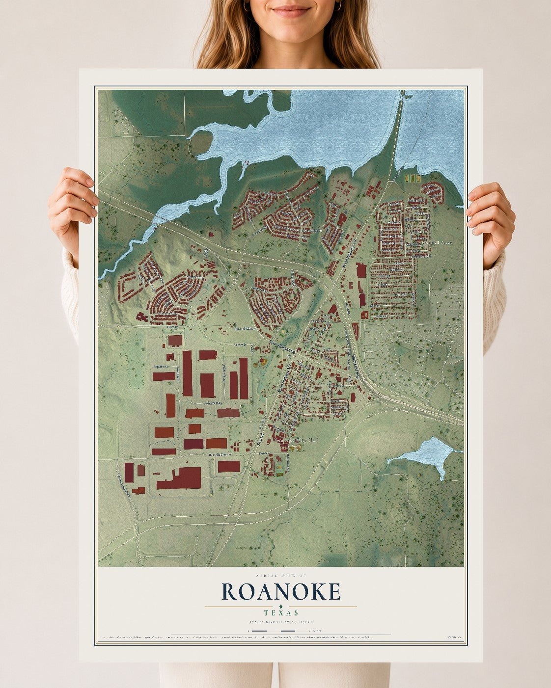 Map of Roanoke, Texas, 24 x 36 inch unframed archival matte print