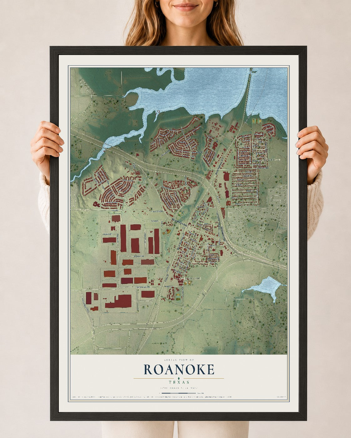 Map of Roanoke, Texas, 24 x 36 inch print in a black wood frame