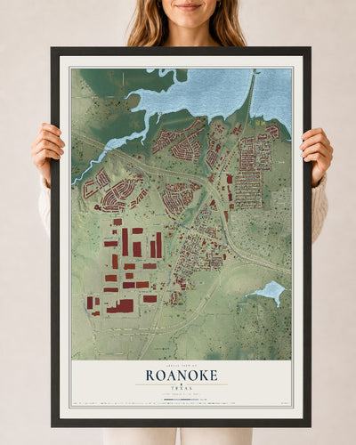 Map of Roanoke, Texas, 24 x 36 inch print in a black wood frame