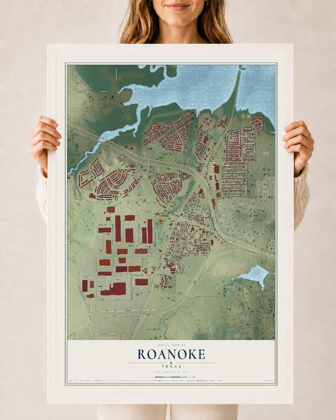 Map of Roanoke, Texas, 24 x 36 inch print in a white wood frame