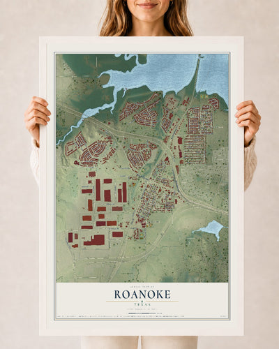 Map of Roanoke, Texas, 24 x 36 inch print in a white wood frame