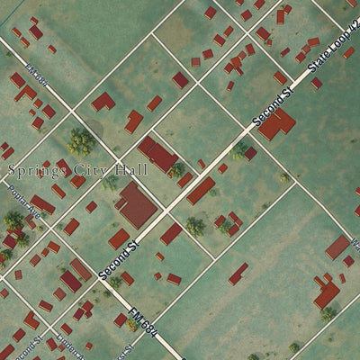 Close-up of the map of Roaring Springs, Texas print showing street and building detail