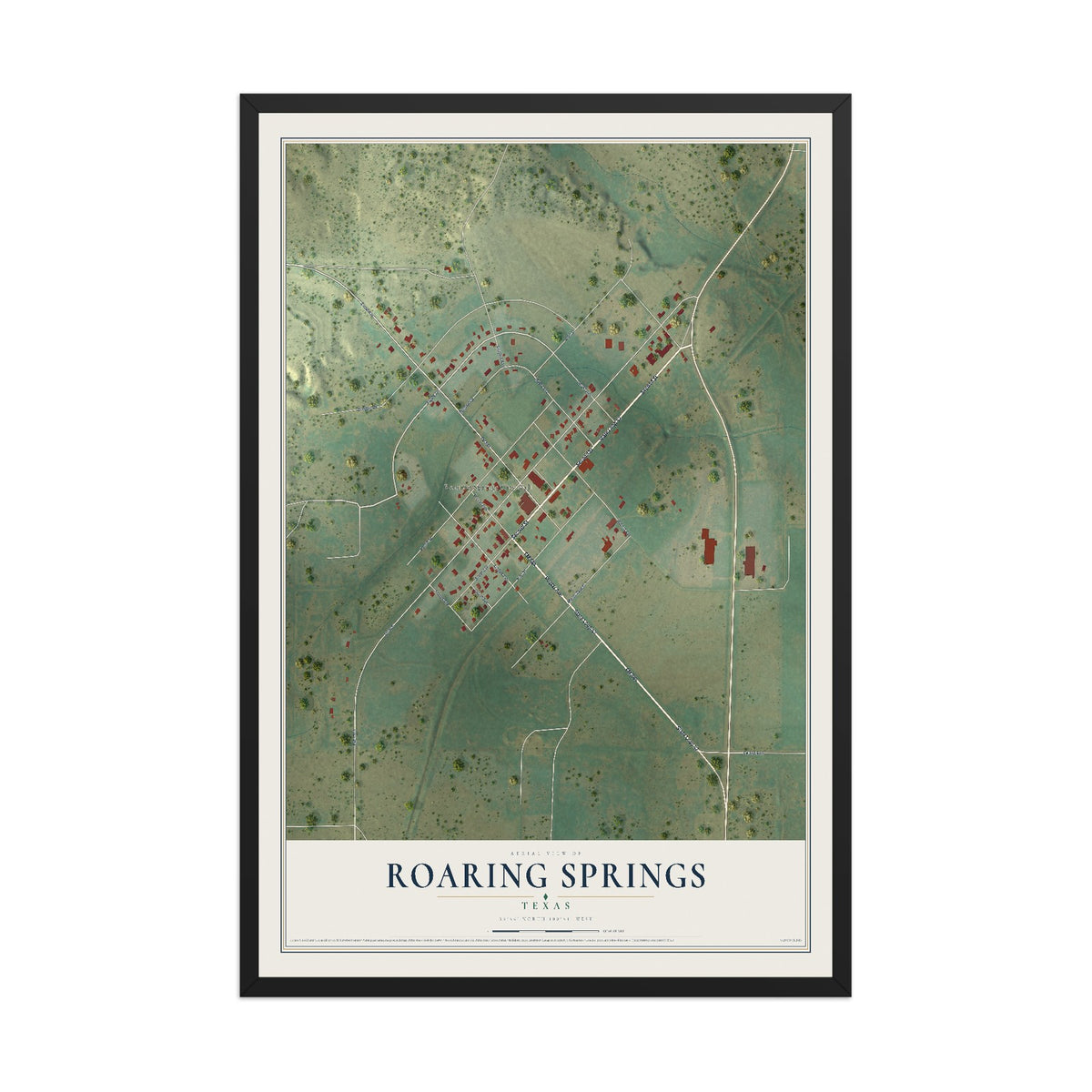 Map of Roaring Springs, Texas, 12 x 18 inch print in a black wood frame