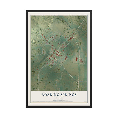 Map of Roaring Springs, Texas, 12 x 18 inch print in a black wood frame
